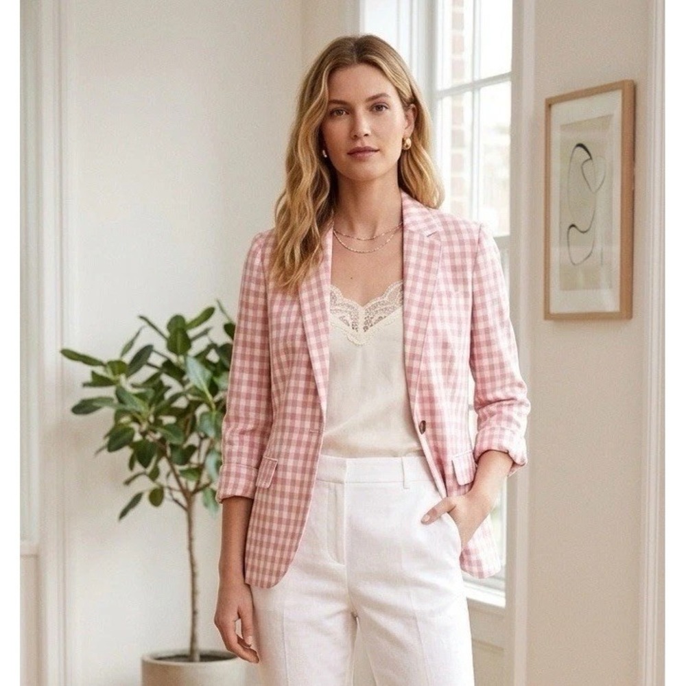 J Crew Linen Blazer Jacket Pink Gingham Plaid Schoolboy Coastal Preppy 2 Small